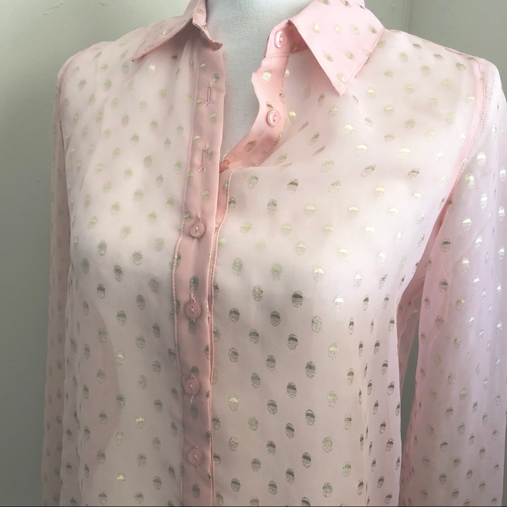 NWOT DMBM Pink & Gold Polka Dot Button Down Blouse